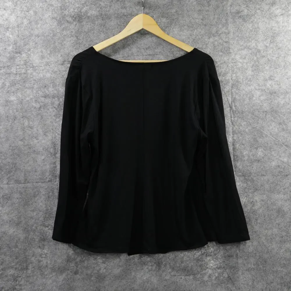 Habitat Shirt Womens Large Black Lux Faux Wrap V Neck 3/4 Sleeve Stretch Top